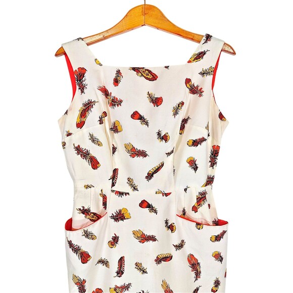Vintage Cover Girl of Miami Feather Print Retro Sheath Dress - Picture 7 of 16